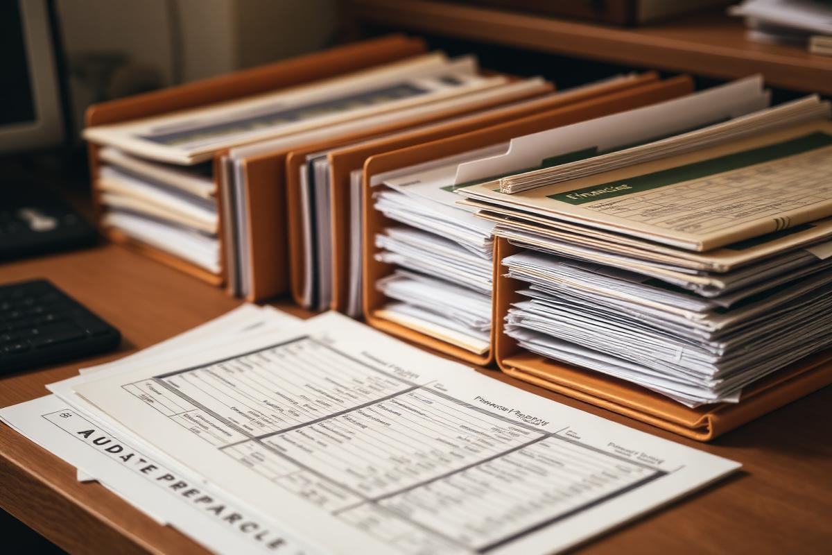 Folders and financial records arranged neatly, representing audit preparation.