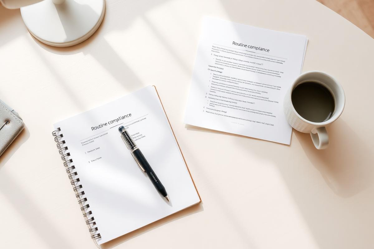 A tidy desk with a notebook and documents representing routine compliance tasks.